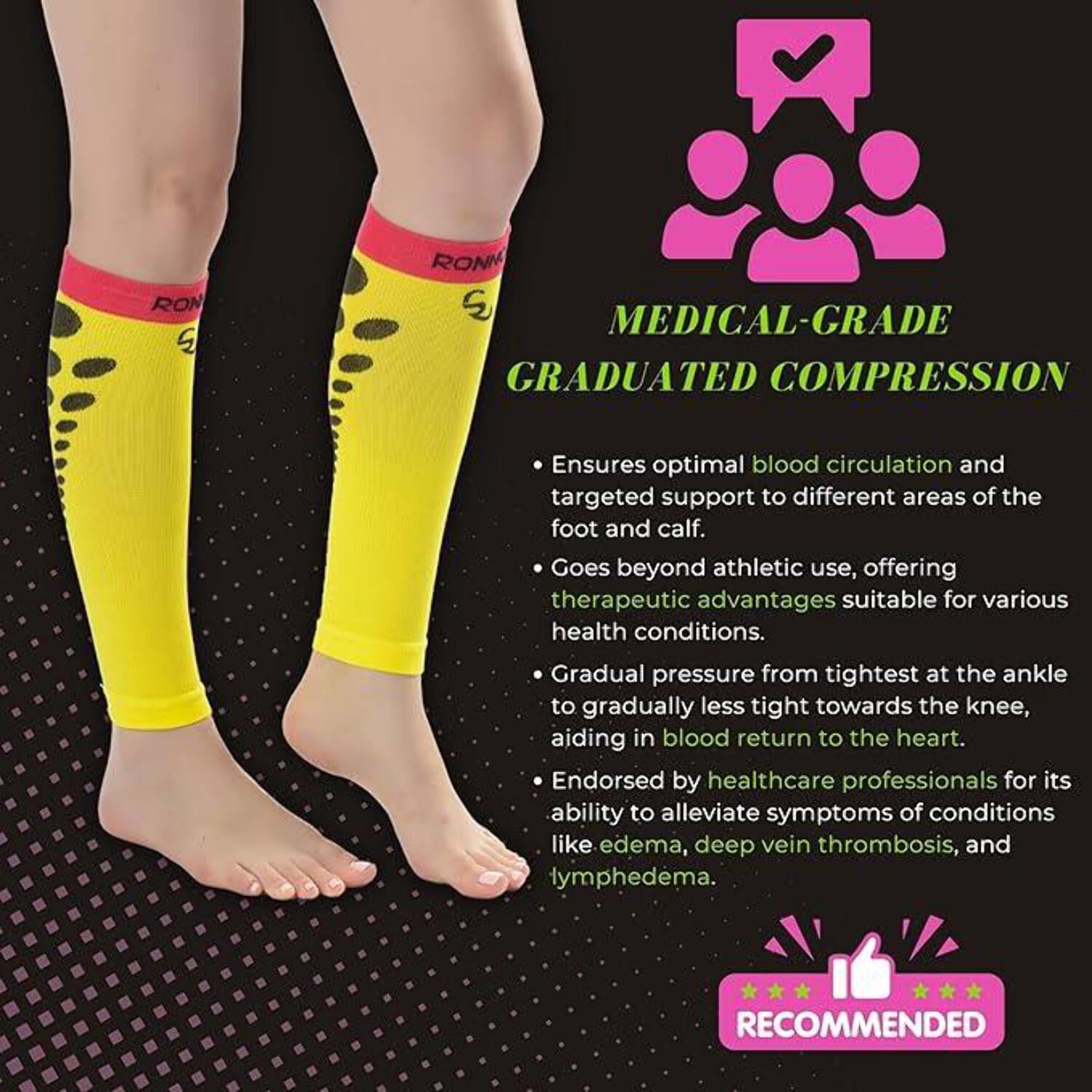 RONNOX Calf Compression Sleeve 3-Pairs (12-14 mmHg is Best Athletic & Medical for Women,Travel,Running,Nurses,Flight,Edema CP14-M