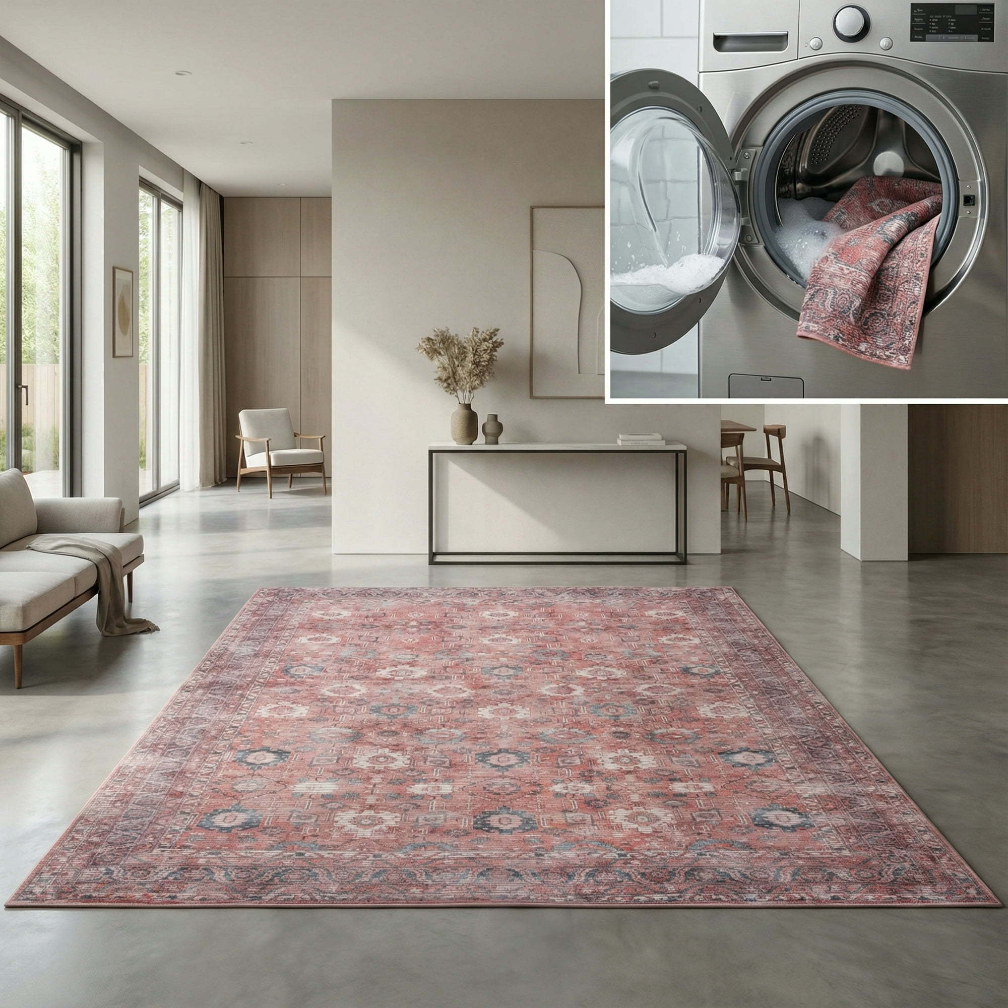 SAFAVIEH Serapi Stanley Oriental Machine Washable Area Rug, Rust/Blue, 6'7" x 6'7" Square