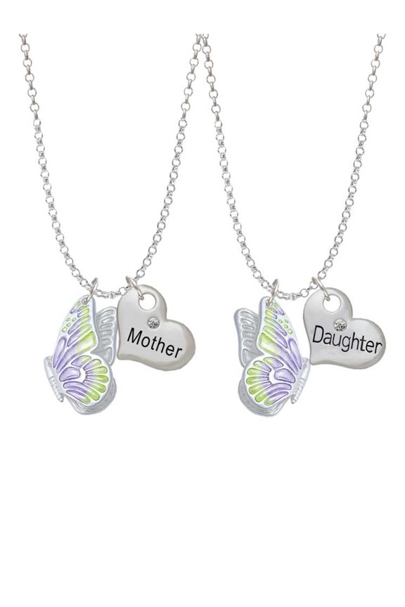 Silvertone Large Translucent Purple & Lime Green Flying Butterfly Mother & Daughter Heart Necklaces (Set of 2), 19"+2"