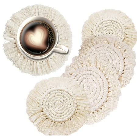 WSBArt 4 Pack Coasters for Drinks Absorbent, Macrame Handmade Cotton Coasters for Coffee Table, Boho Coaster Set with Tassels Heat-Resistant Farmhouse Drink Coaster for Home Decor, Beige