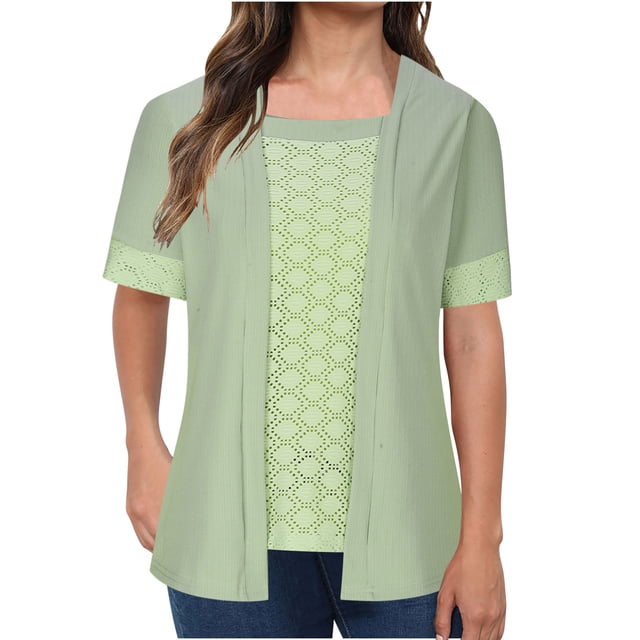 Timegard Hauts Grande Taille pour Femmes à Œillets Col Rond Manches Courtes Cardigan Été Chic Décontracté