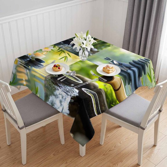 Zen Stones Table Cloth Waterproof Tablecloths, Nature Water Reflection Checkered Tablecloth Dining Table Cover for Kitchen Party Tabletop Outdoor, Square Tablecloth 54x54 Inch