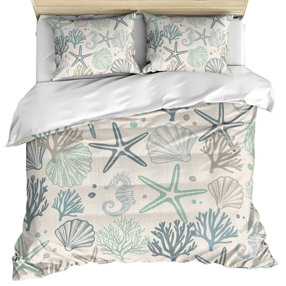 Aqua Teal Coastal Duvet Cover Queen Size, Summer Beach Starfish Coral Nautical Rustic Comforter Cover with Zipper Closure, 3 Piece Bedding Sets 1 Duvet Cover 90x90 Inches and 2 Pillow Shams