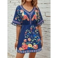 thumbnail image 6 of Fiesta Embroidered Mexican Dress for Women Beach Vacation Plus Size Short Sleeve Summer Boho Dresses with Pocket Blue XL, 6 of 8