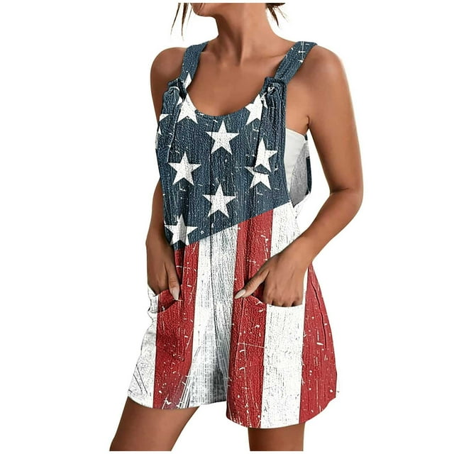 Combinaison Courte Imprimée pour la Fête de l'Indépendance pour Femmes, Barboteuse Décontractée Sans Manches avec Poche, Tissu en Polyester, Longueur Régulière, Lavage à la Main à Froid