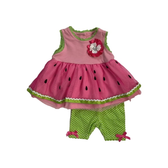 Infant Baby Girls Pink Watermelon & Green Polka Dot Shorts Dress 2 PC Set 24M