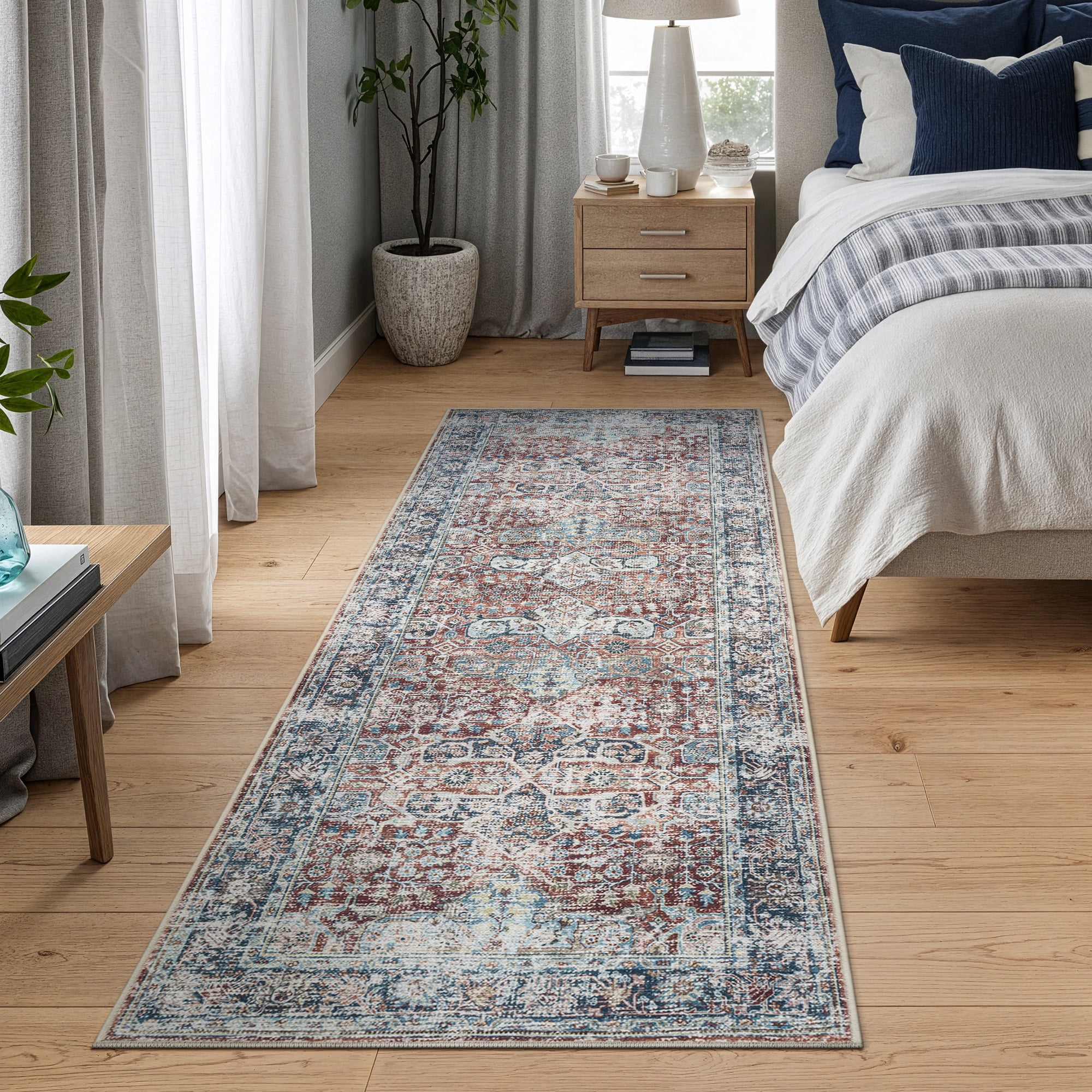Bloom Rugs Washable Non-Slip 12 ft Runner - Brick / Dark Blue Traditional Oriental Runner for Entryway, Hallway, Bathroom, and Kitchen - Exact size: 2'6" x 12'