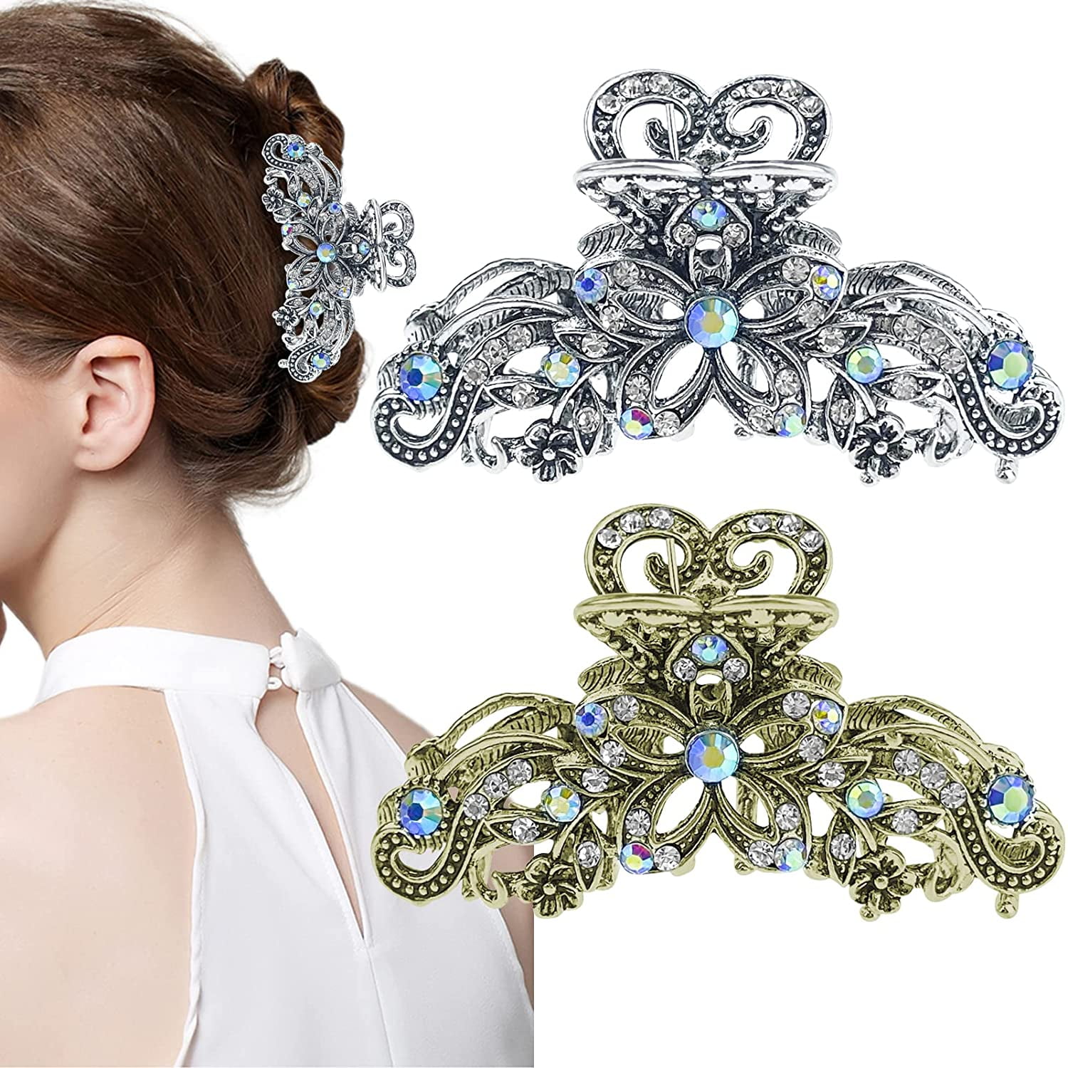 2 Pcs Vintage Flower Claw Hair Clips Rhinestone Alloy Fancy Hair Claw 