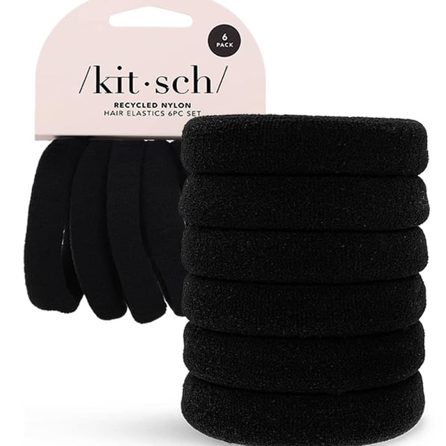 Kitsch Black Hair Ties No Damage - Strong, Stretchy Hair Bands | Soft Nylon Ponytail Holders, Snag-Free Rubber Bands, Perfect for Updos & Braids | Ideal Gifts for Women - Black, 6pcs