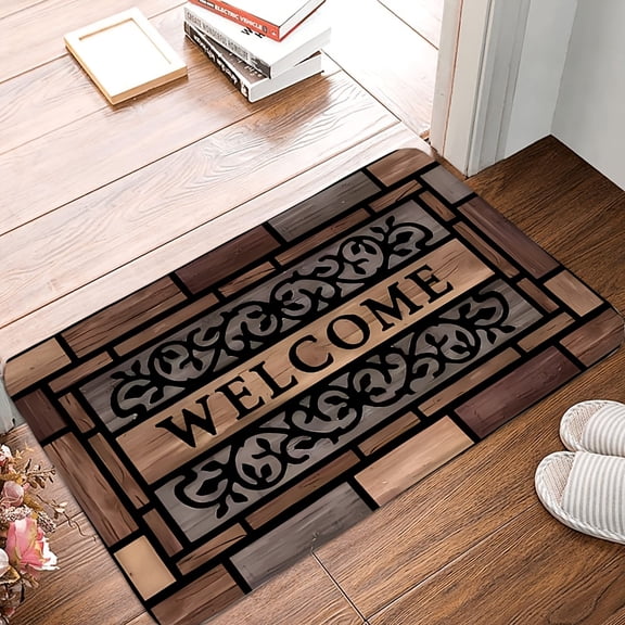 [Rustic Welcome Mat] Durable Anti-Slip 1pc Rustic Welcome Doormat | Polyester with PVC Backing, Stylish Brown Pattern for Home Entrance & Decor