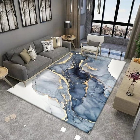 Blue Gold Marble Area Rug For Bedroom Living Room Abstract Carpets Modern Non-Slip Rugs Washable Home Decor 5' x 7'