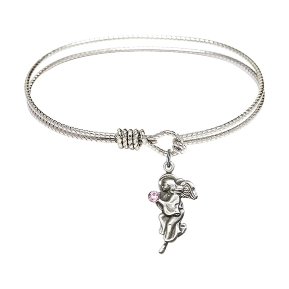 6 1/4 inch Oval Eye Hook Bangle Bracelet w/ Guardian Angel medal charm w/ Light Purple Swarovski Crystal