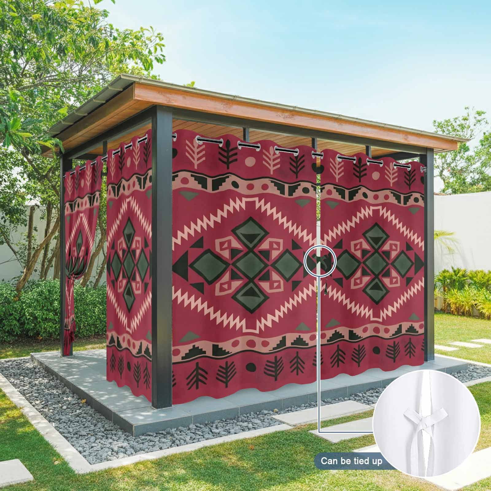 Pink Diamond Center Outdoor Curtains for Patio, Ethnic Boho Woven Texture Pine Tree Border Sunshade Privacy Drapes Grommet Waterproof Outside Curtains for Porch/Cabana/Balcony 54"x 108", 1 Panel