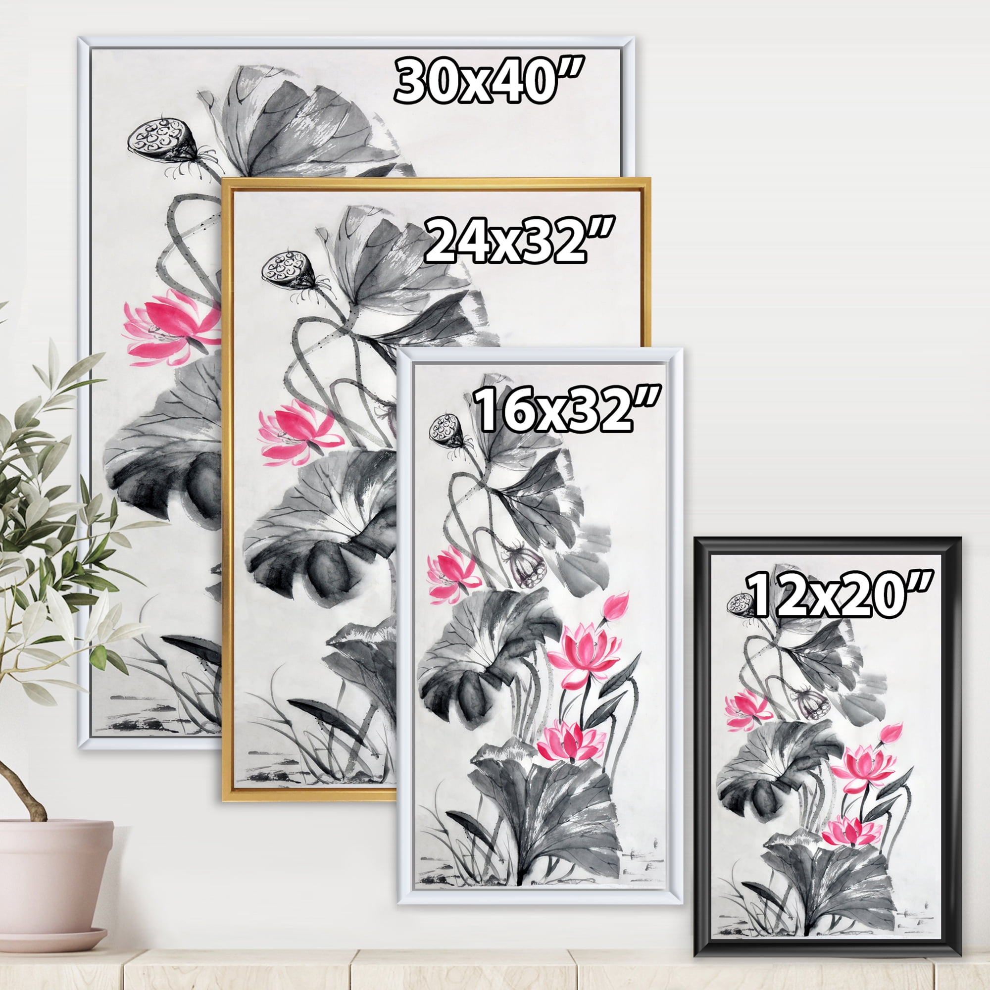 Designart 'Pink Vintage Lotus Flower and Monochrome Leaves' Traditional Framed Canvas Wall Art Print