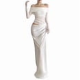thumbnail image 3 of Women'S Mesh Off Shoulder Dress Elegant Sheer See Through Long Sleeve Ruched Bodycon Maxi Dresses White S, 3 of 9