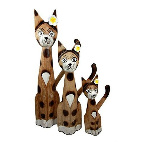 Balikraft Hand Made Wood Artisans "Kucing Bunga" Large Feline Cats Family Set of 3 Decorative Figurines 16"H