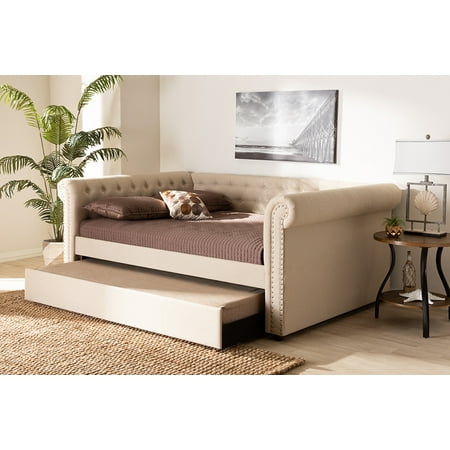 Full Size Daybed - Baxton Studio Mabelle Modern and Contemporary Beige Fabric Upholstered Full Size Daybed with Trundle