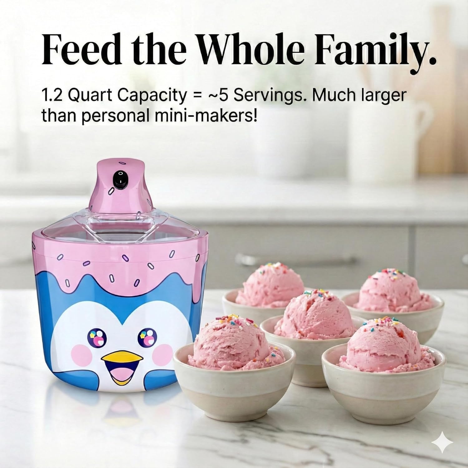 1.2 Quart Penguin Electric Ice Cream Maker Machine for Kids – Best Countertop Ice Cream Machine for Homemade Soft Serve, Sorbet, Gelato, Frozen Yogurt