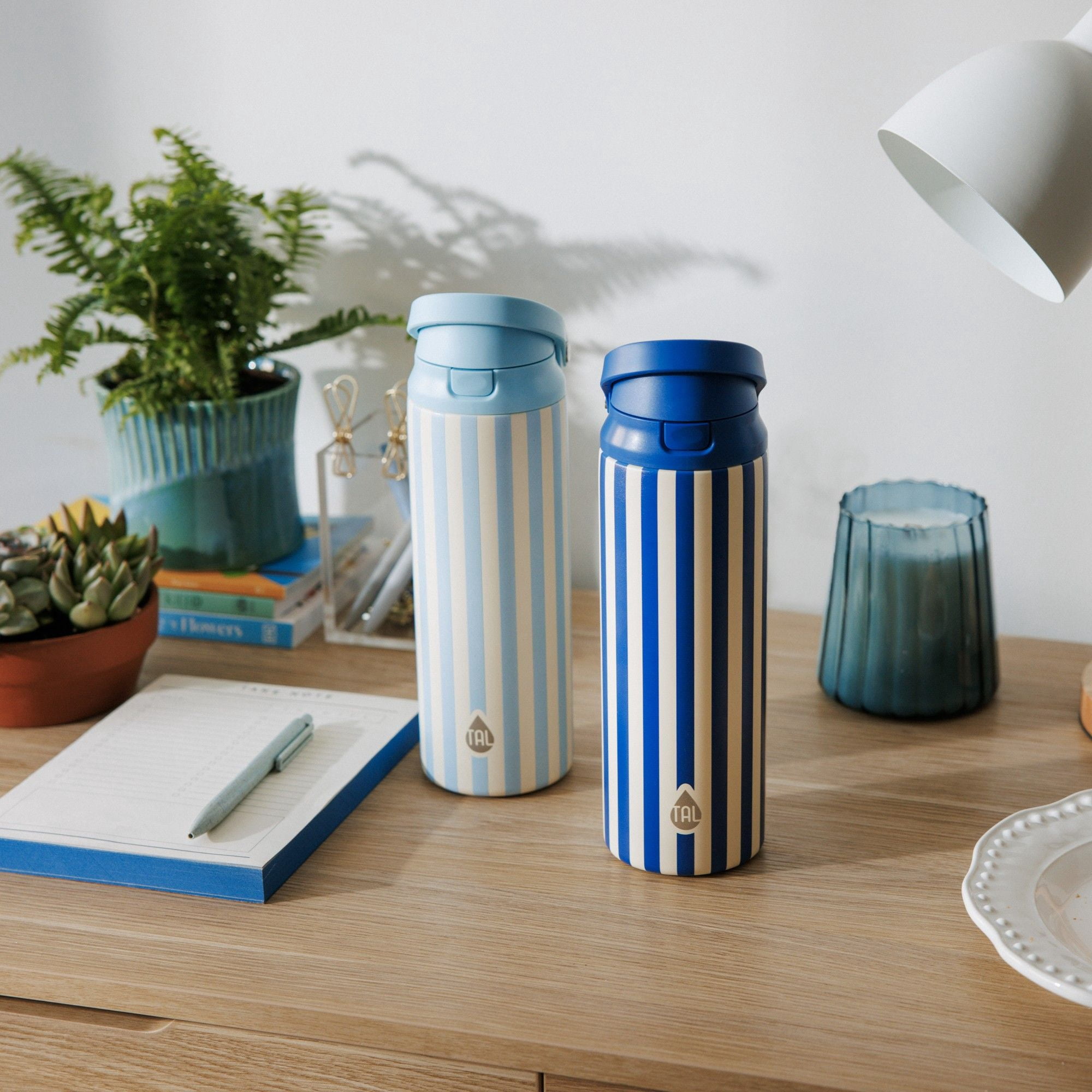 TAL 24oz Stainless Steel 2-in-1 Straw and Chug Water Bottle with Push Lid, Light Blue Stripes