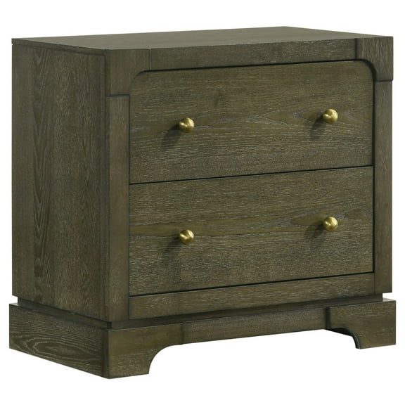 Seon Nightstand, 2 Drawers with Brass Knobs, Dark Cocoa Brown Wood
