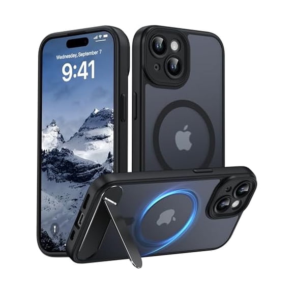 xixishop Magnetic Compatible with iPhone 15 Case, [Built-in Invisible Kickstand][Compatible with MagSafe][Full Camera Protection] Translucent Matte Phone Case for iPhone 15 6.1" Black