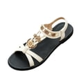 thumbnail image 2 of Samdudou Summer Shoes for Women Open Toe Flat Sandals T-Strap Bohemian Floral Cutout Ring Embellishments Criss Cross Front Elastic Slingback Beach Vacation Resort Wear, 2 of 7