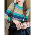 thumbnail image 3 of Sweet Rainbow Stripe Slim Fit Autumn Women's Sweater Basic Short Pullover Harajuku Knitted Sweater-Light Green-S, 3 of 7