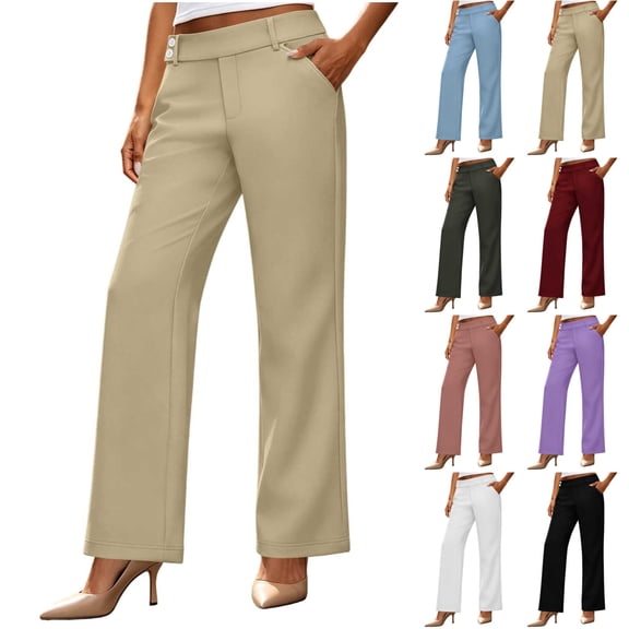 VBVC Women's High Waisted Straight Leg Dress Pants , Casual Button Tab Work Trousers For Women , Ladies' Business Office Slacks with Pockets, Beige , S-2XL