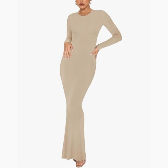 Blmnix Dress Women Bodycon Elegant Dresses Maxi Dress Dresses Long Sleeve Yellow Long Crew Neck Antimicrobial Protection Sundresses for Women,M