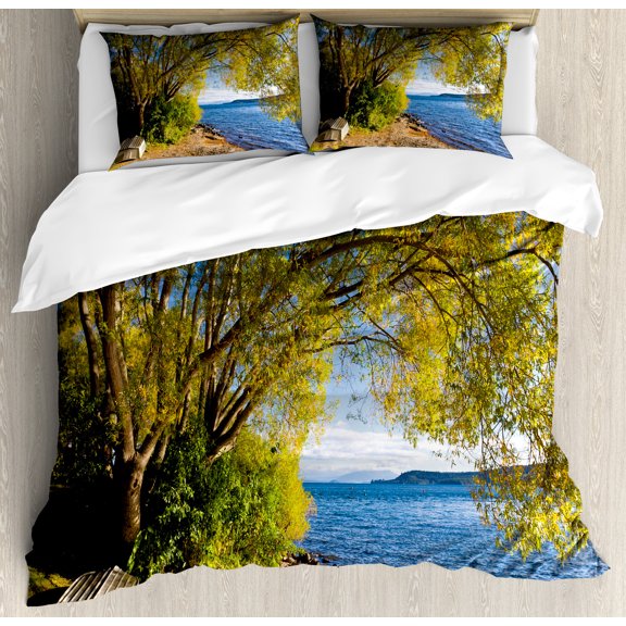 Ambesonne Fishing Duvet Cover Set, Boat Under the Tree, Queen, Olive Green Blue