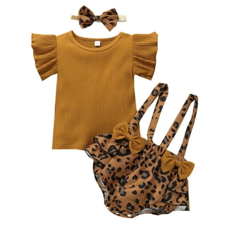 

Hunpta Toddler Girls Summer Ruched Solid Tops Leopard Print Overall Set Casual Clothes Outfits