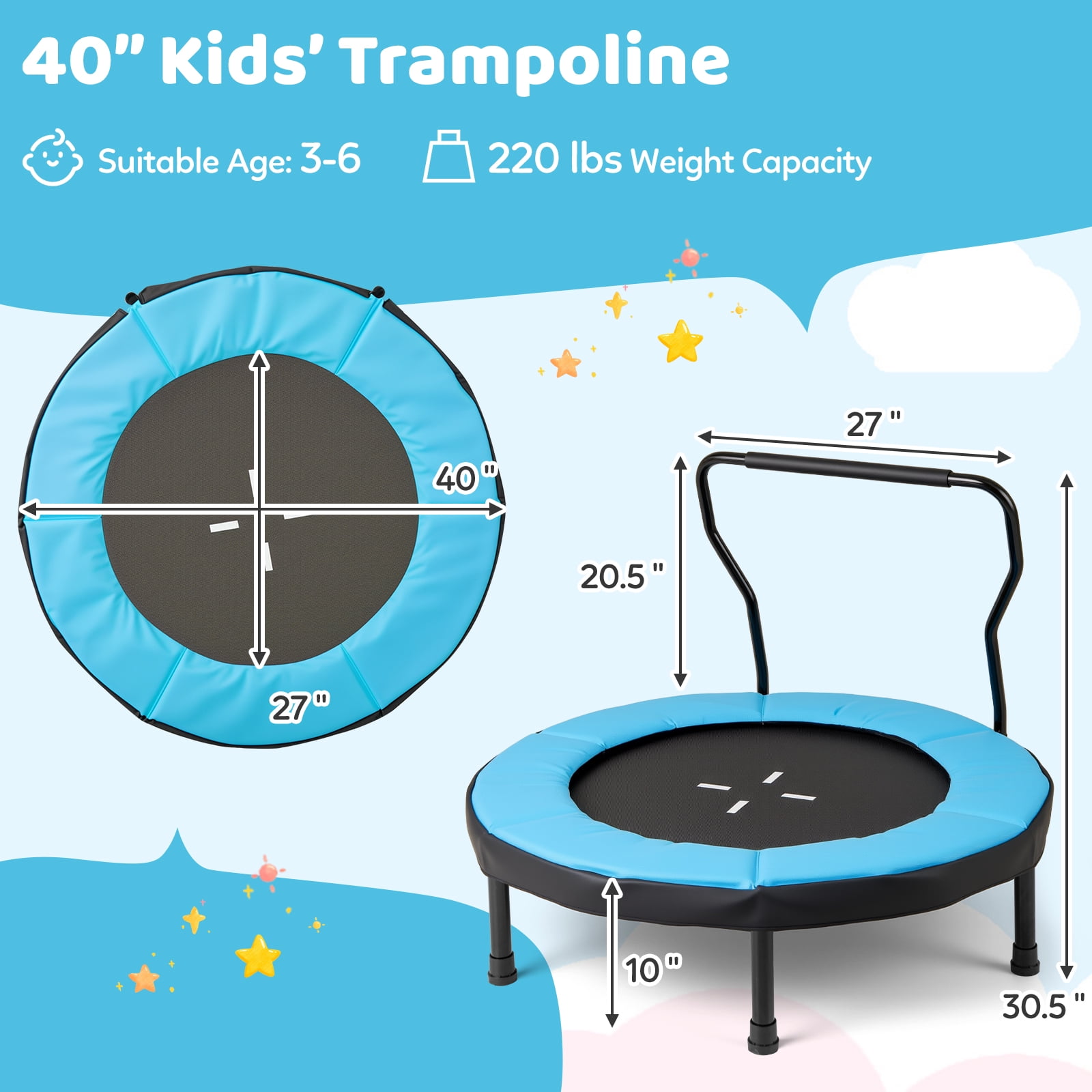 Gymax 40'' Trampoline for Kids Indoor/Outdoor Fitness Trampoline w/ Foam Handlebar Blue