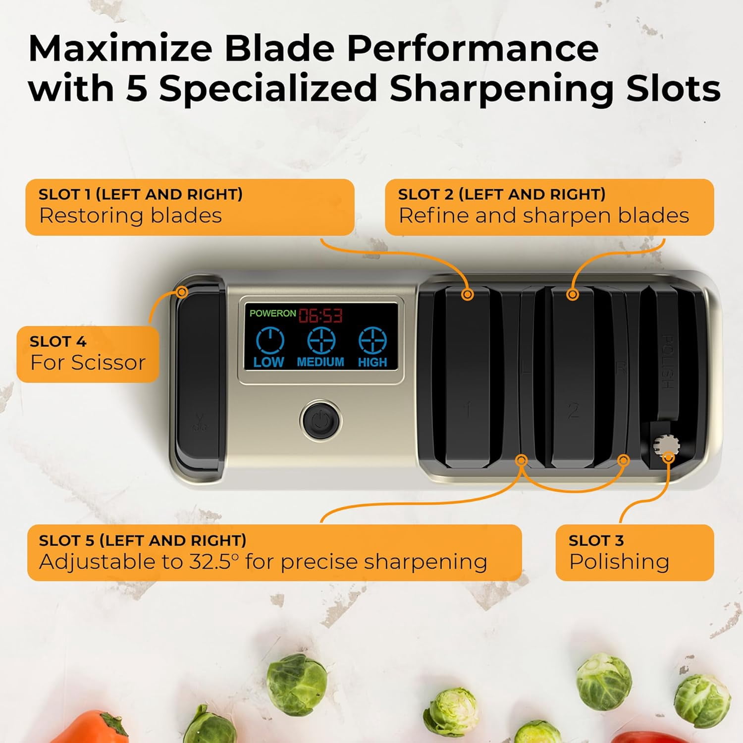 Electric Knife Sharpener with LCD Display, 5-in-1 Professional Sharpener Adjustable Speed  Wheel Ceramic Rod for Kitchen Knives Scissors Gold