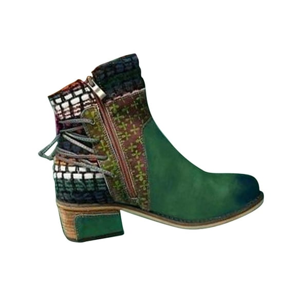 Lovskoo 2024 Ankle Boots for Women Chunky Stacked Heel Round Toe Oversized Retro Western Cowboy Booties Fall Winter Thick Multi-Color Booties Olive Green