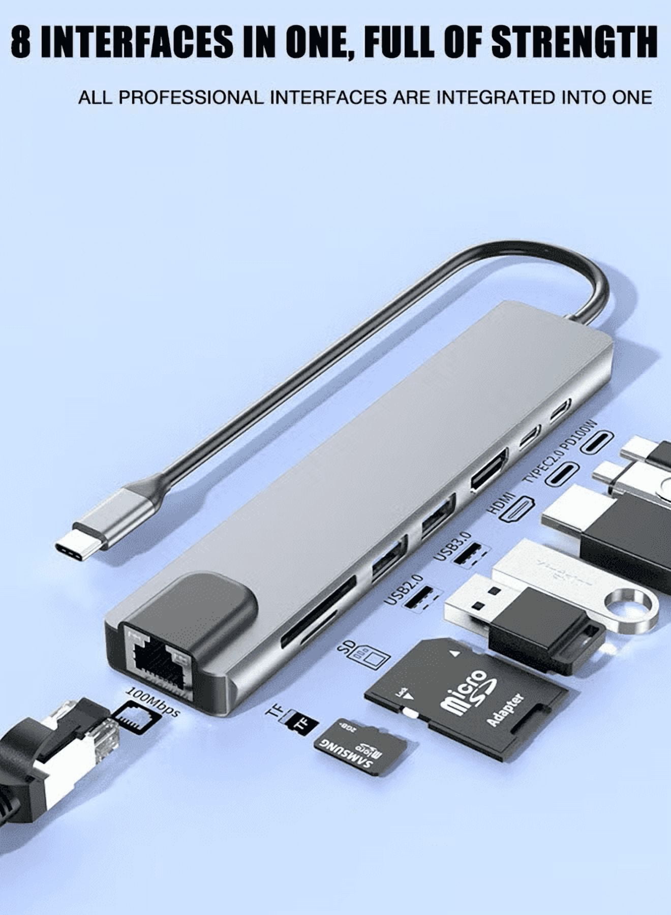 USB C Hub 8-in-1 Adapter with 4K HDMI, 100W PD Charging, 3 USB 3.0 Ports, Ethernet Port, SD/TF Card Reader, USB-C Multiport Hub Compatible with MacBook, Windows Laptop, iPad, Android