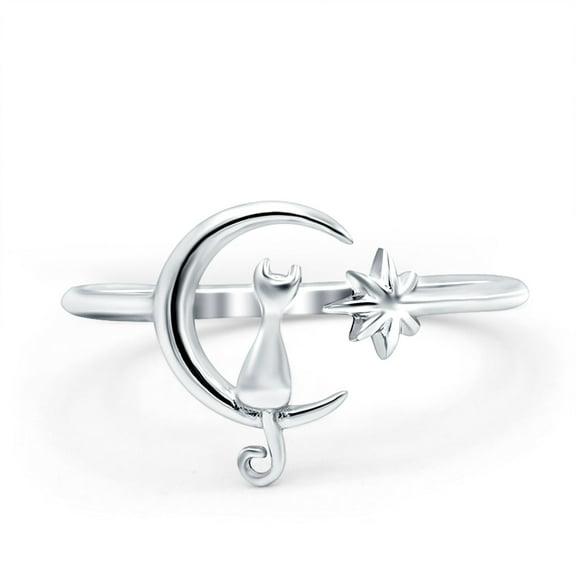 Cat on the Moon Abnd Ring 925 Sterling Silver Ring Size 4