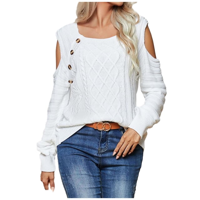 Timegard Womens Sweaters Cold Shoulder Scoop Neck Long Sleeve Button Knit Pullover Fall Winter Clothes