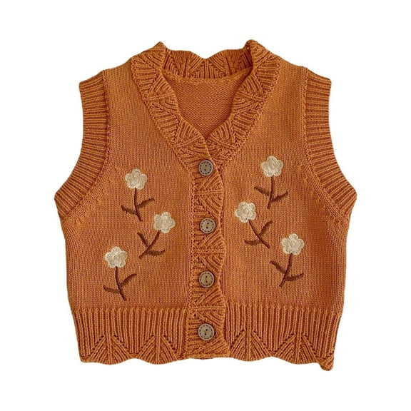 Girl's Cotton Sweater Vest Baby Girls Embroidered Gilets Vintage Knitted Cardigan Kids Button down Sleeveless Crochet Sweater
