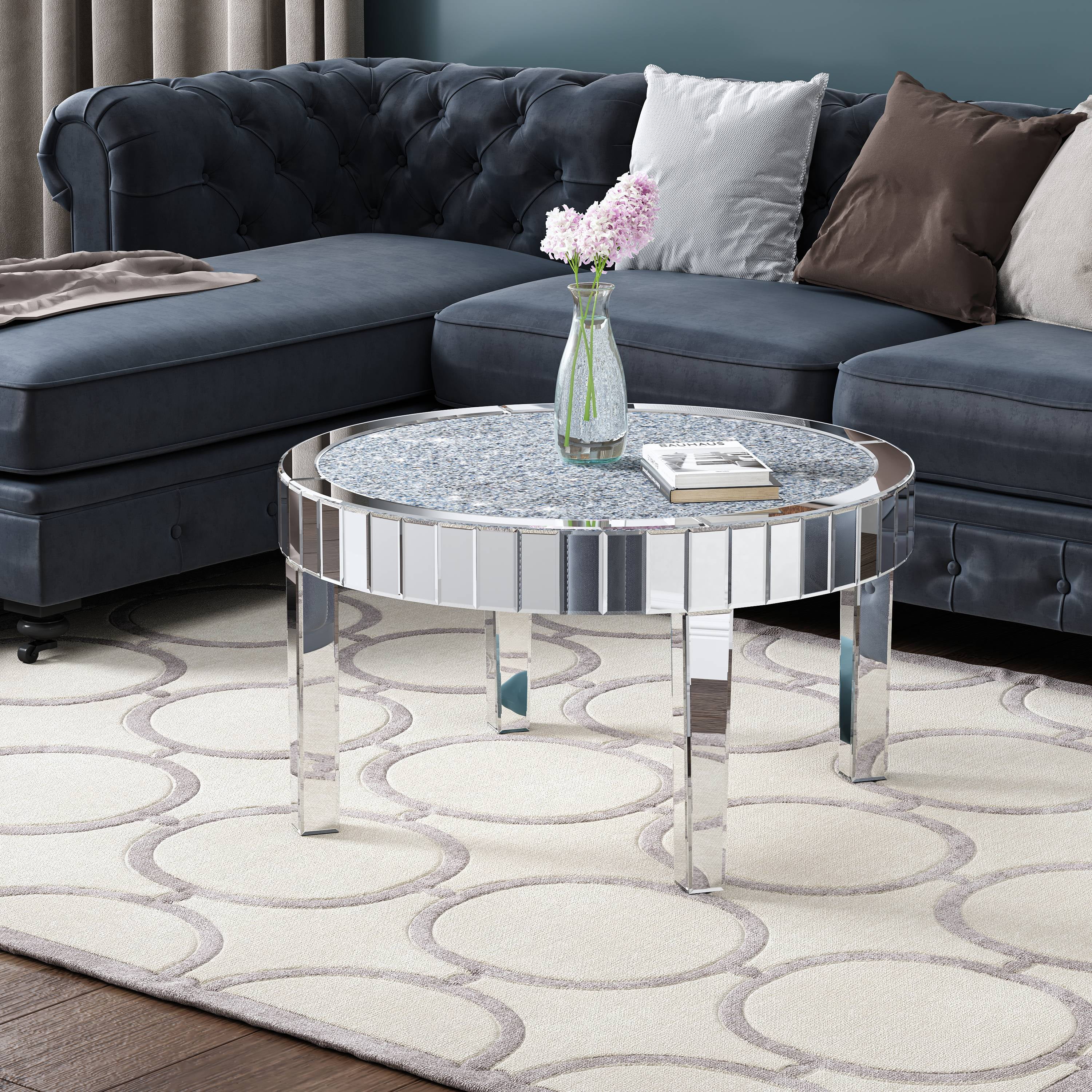 SHYFOY 31.5'' Mirrored Coffee Table with Crystal Inlay Modern Round