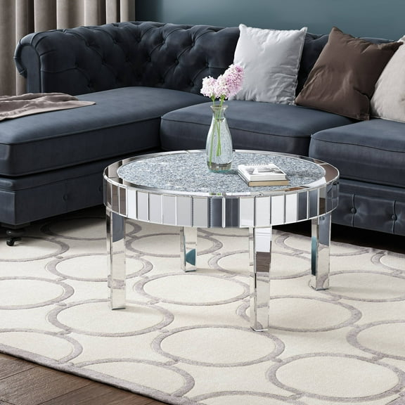SHYFOY Modern Crystal Inlay Round MDF Glass Coffee Table, Silver