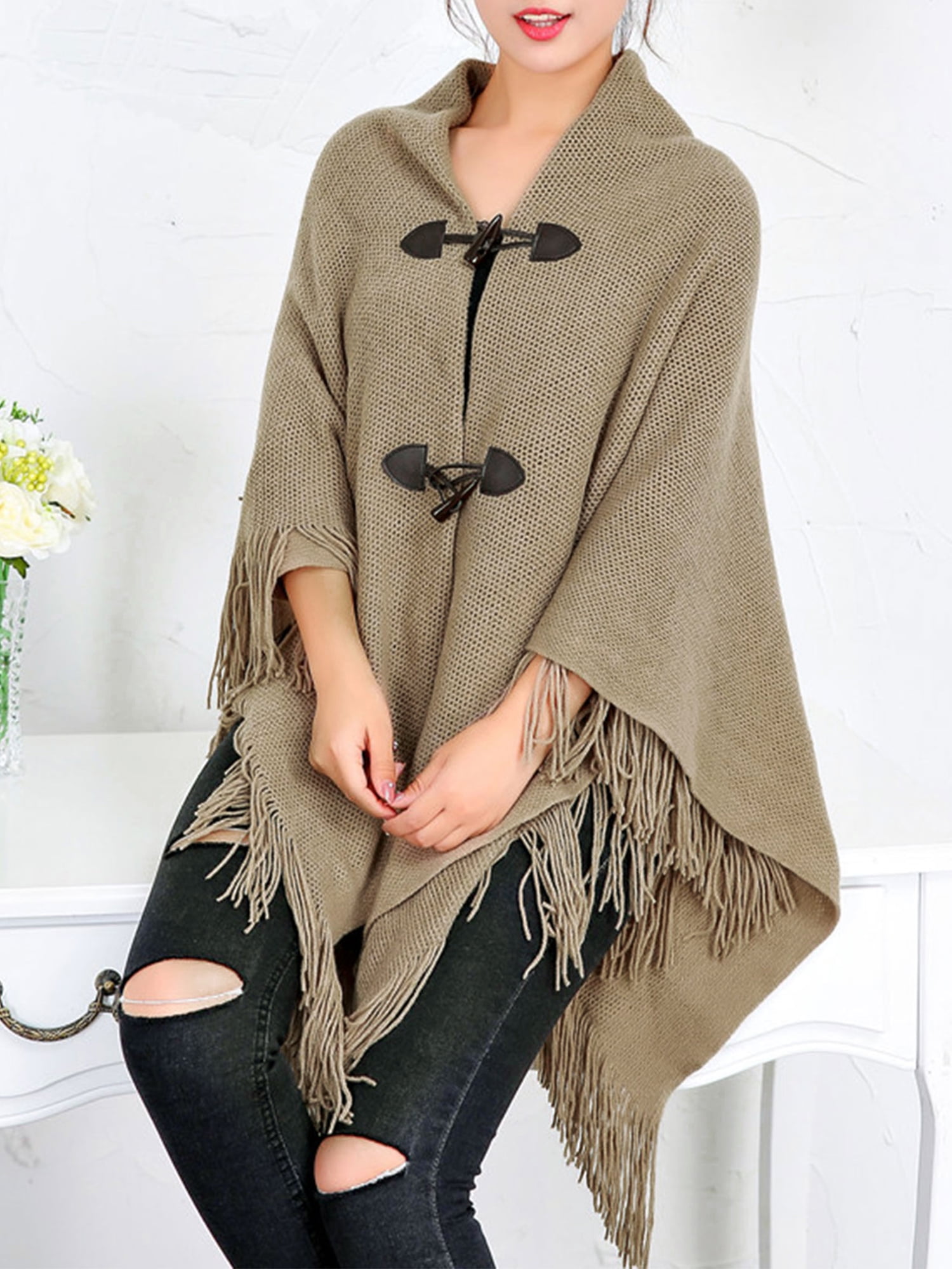 Women's Warm Poncho Batwing Turtleneck Knit Cape Cardigan Sweater Coat Outwear