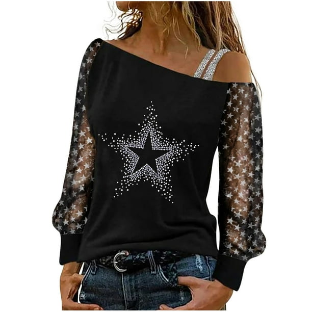 Camisas casuales florales de manga larga para mujer, jersey con hombros descubiertos, blusa holgada con lentejuelas brillantes, Tops tipo túnica Pompotops gfhjh20278