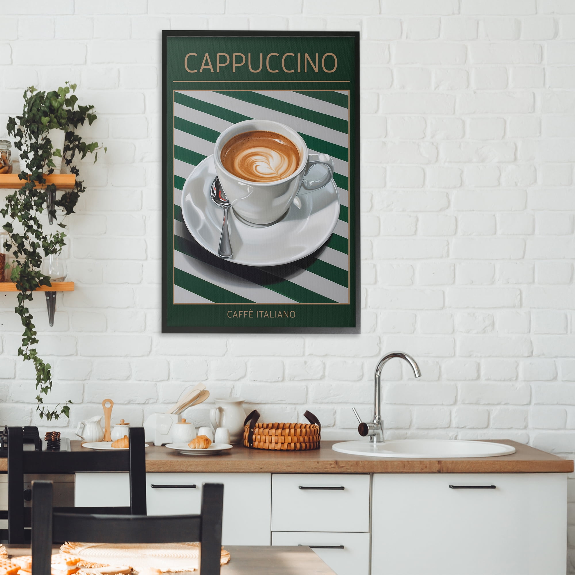 Stupell Industries Cappuccino Coffee over Stripes Black Framed Giclee Art, design by Andreas Magnusson