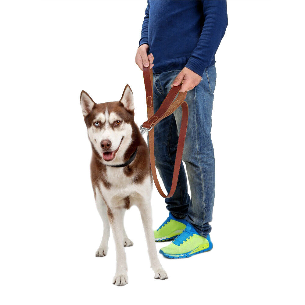 Wide Thick Genuine Leather Dog Leash with Dual Handle Pet Traffic Leashes for Large Dogs