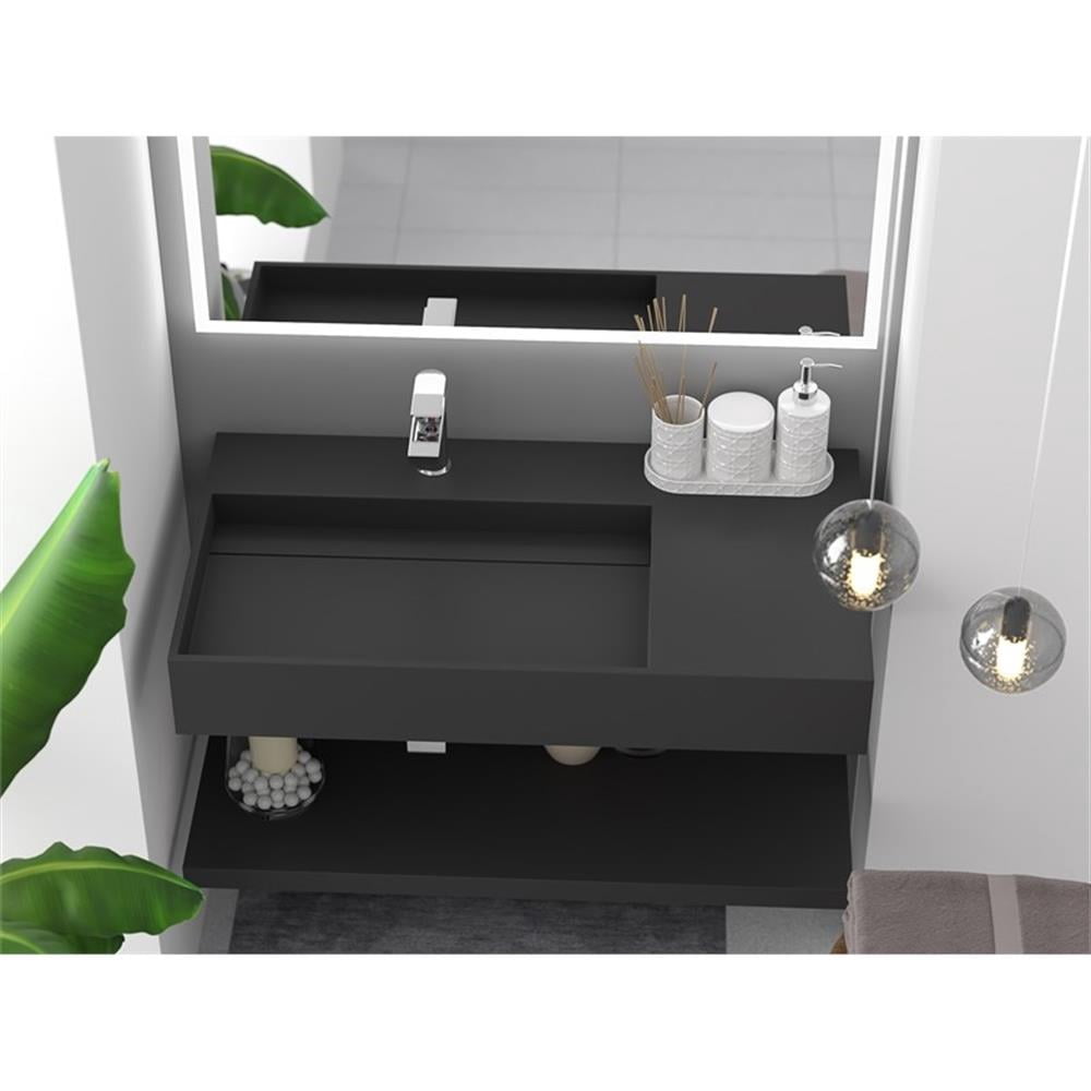 Pemberly Row 36" Solid Surface Left Basin Bathroom Sink in Black