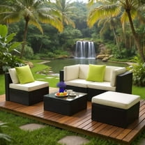 5-Piece Patio Furniture Set Outdoor Sectional Sofa, PE Rattan Wicker Conversation Sets with Ottoman, Glass Coffee Table & Washable Cushions