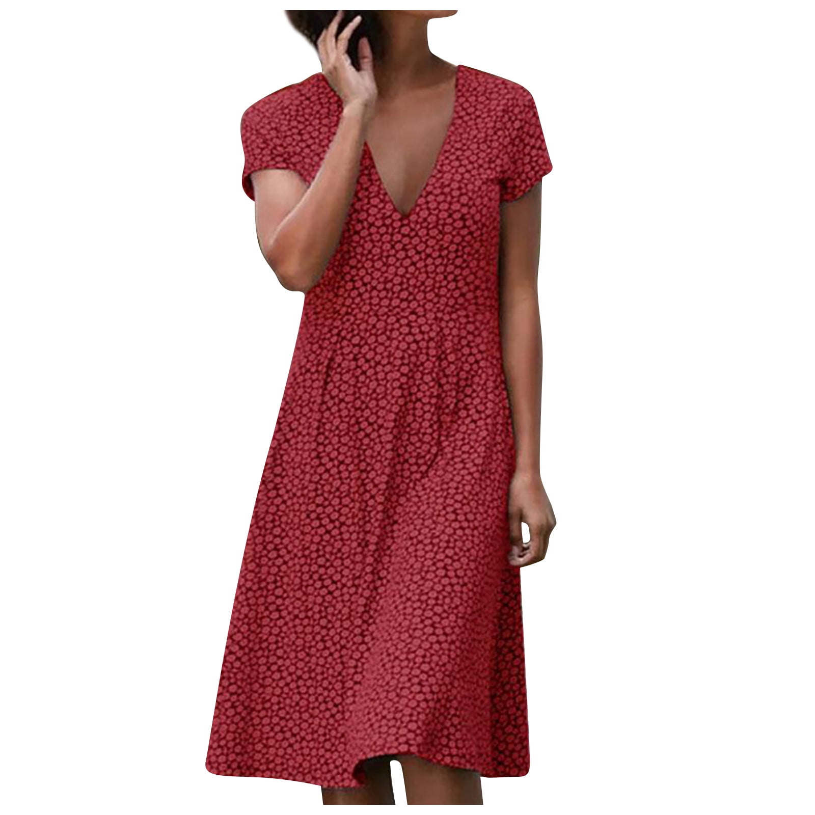 CLZOUD Summer Dress Red Cotton Women Printed Short Sleeve Round Neck Dress Casual Polka Dot Midi Dress Xxl - Walmart.com