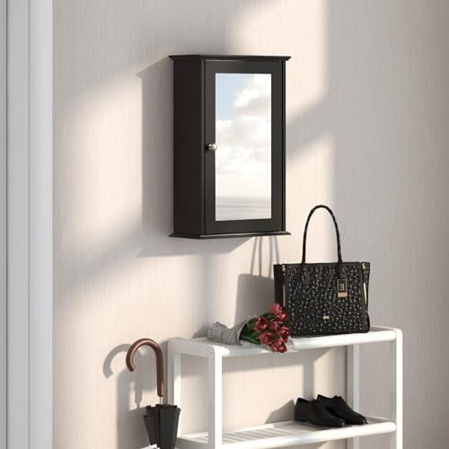 LOKO Bathroom Medicine Cabinet with Mirror, Wall Mounted Storage Cabinet with Single Mirrored Door and Adjustable Shelf for Bathroom, Living Room or Entryway, 13.5 x 6 x 21 inches (Brown)
