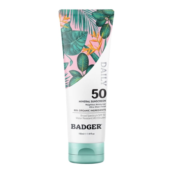 Badger Sheer Zinc Mineral Daily Sunscreen SPF 50, Non-Greasy, 4 fl oz