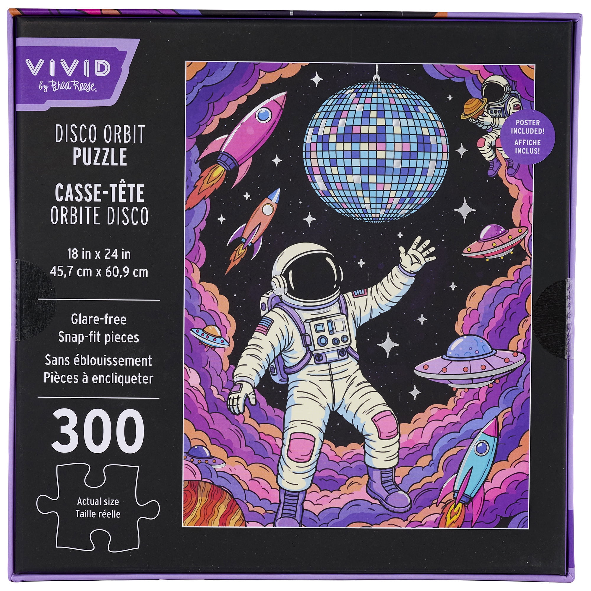 Vivid by Brea Reese: 300 Piece Puzzle - Disco Orbit - Astronaut Space Dance Scene Jigsaw, Soft-Touch Pieces, Metallic Foil, Image Reference Poster